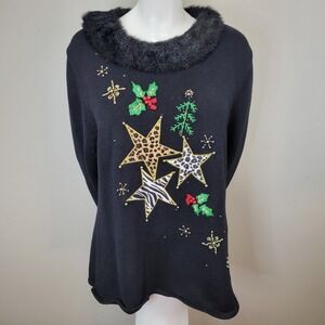 Kikit Maurice Sasson Black Stars And Holly Christmas Sweater Womens Size XL‎